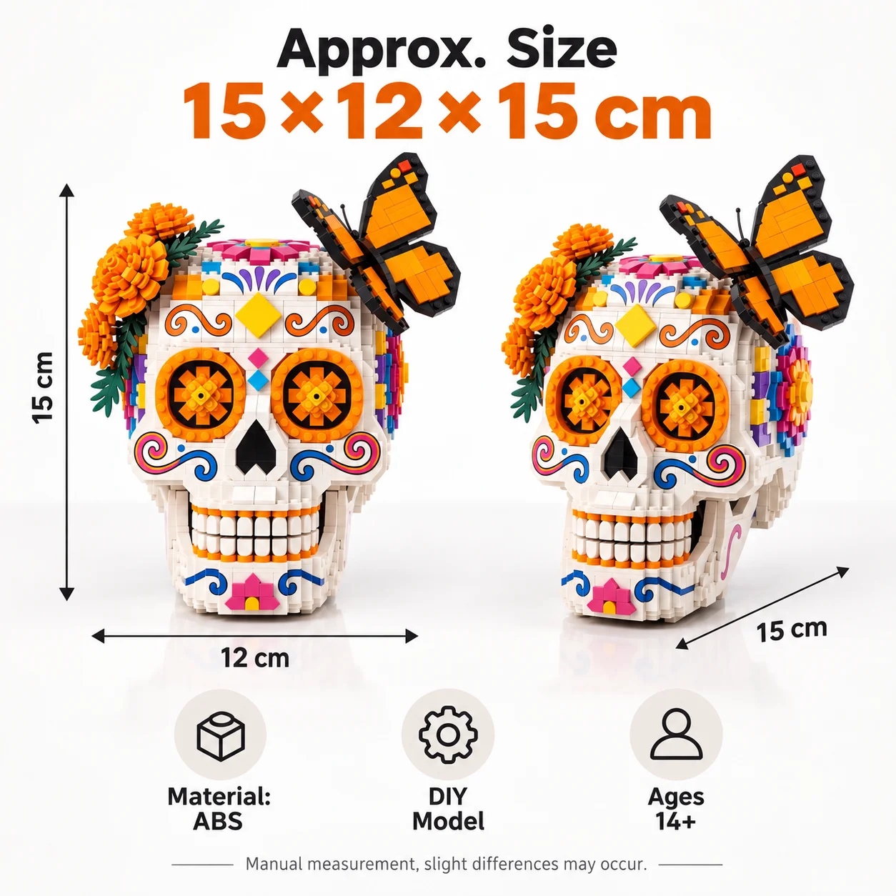 Halloween Day of the Dead Skull Building Blocks Model with Butterfly Flowers DIY Assembly Display Ornament Home Decor Gift Art