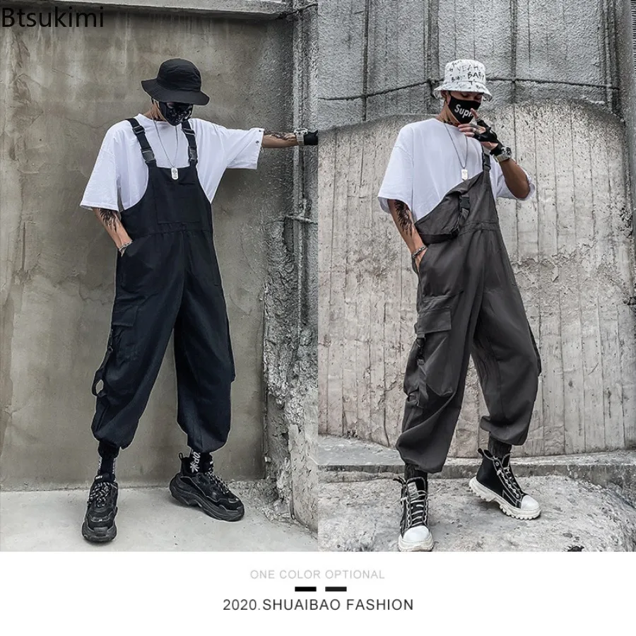 2025 New Men's Jumpsuits Fashion Casual Loose Wide Leg Overalls Streetwear Solid Insert Pockets Vintage Hip Hop Strap Pants Male