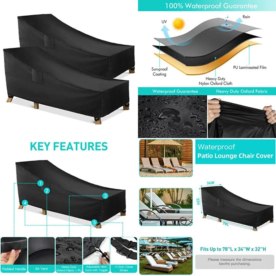 

Patio Chaise Lounge Cover Waterproof, Heavy Duty Outdoor Lounge Chair Covers, Durable Patio Furniture Covers, - 2 Pack