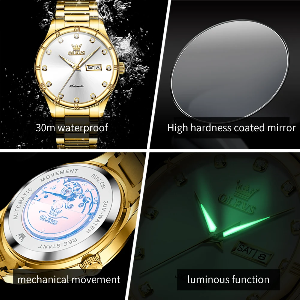 OLEVS 7030 オリジナルメンズ腕時計 30M防水 機械式腕時計 メンズ 夜光ダイヤモンドスケール デュアルカレンダー ドレス腕時計