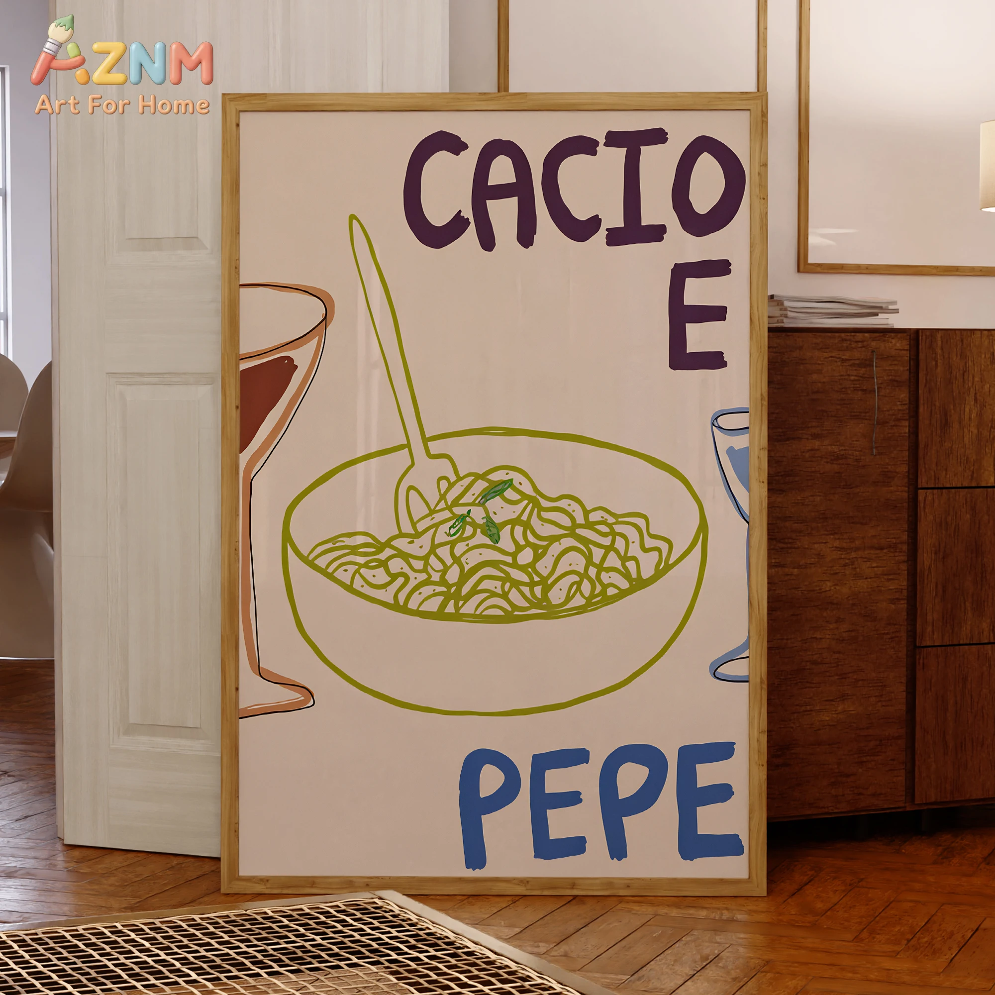 AZNM Cacio E Pepe Pasta Canvas Wall Art, Hand Drawn Italian Food Unframed Poster for Kitchen Dining Room Decor