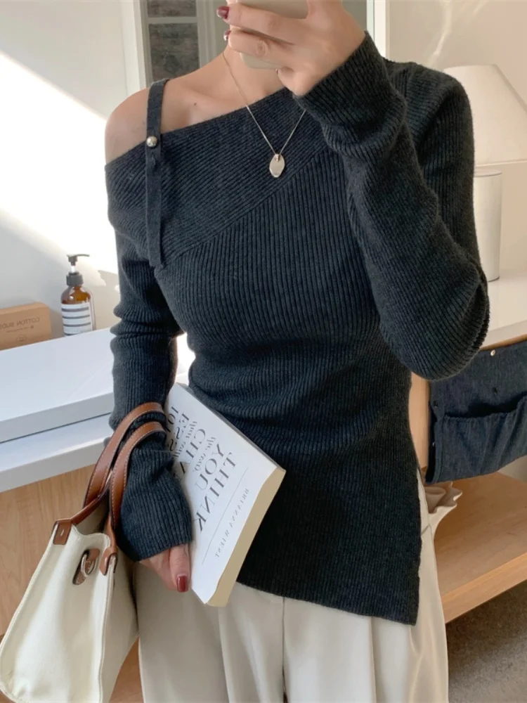 SMTHMA New Autumn Winter Korean Temperament Sexy Slanted Shoulder Asymmetric Knitted Top Women's Long Sleeve Pullover Sweater