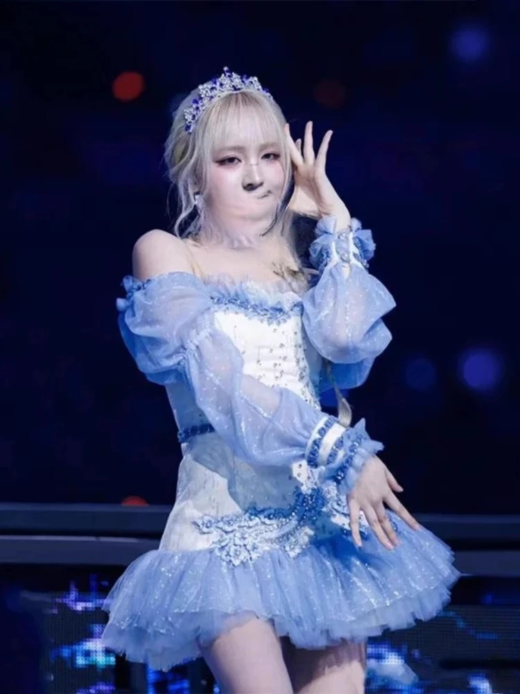 Ropa de actuación en escenario Kpop Dj para mujer, festivales de cantantes coreanos, vestido elegante de encaje con hombros descubiertos, trajes de baile de Jazz de manga larga