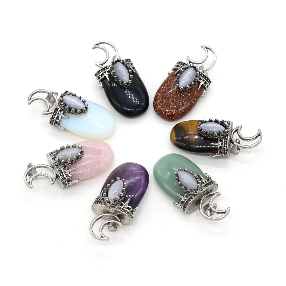 Natural Stone Pendant with Alloy Moon Frame 22x45mm Mixed Stone Teardrop Charms for DIY Witchy Crystal Necklace Jewelry Making