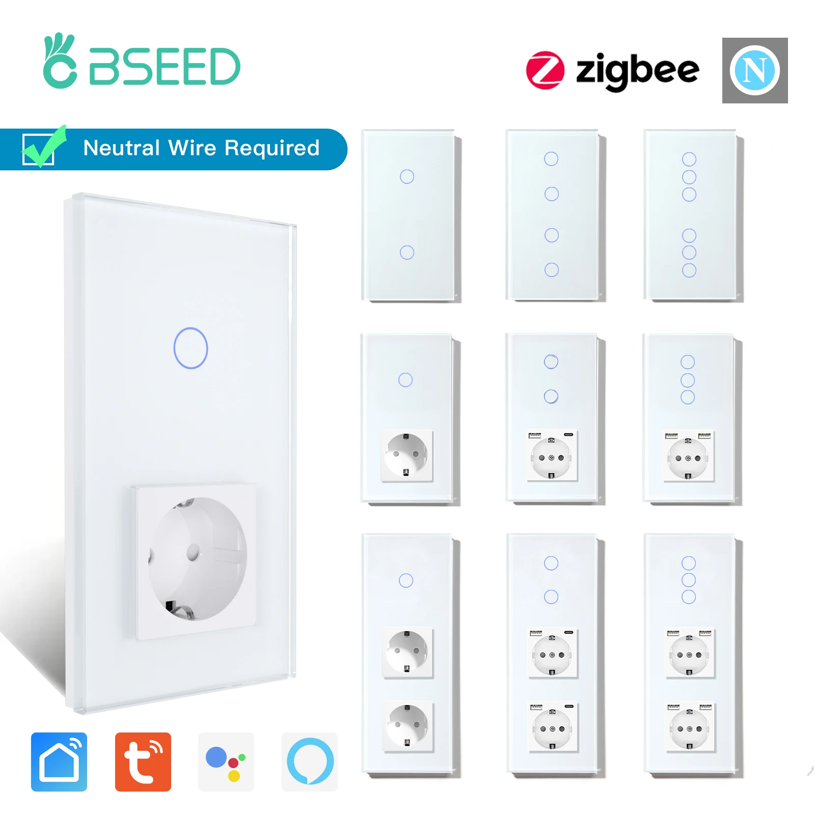 Bseed-zigbee Switches Plus Normal Sockets Series Usb c Carga do Telefone Dual Zigbee Wall Switches Suporte Tuya Alexa Controle Yandex