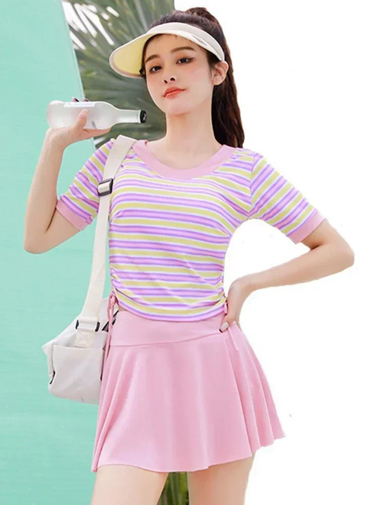 OIINAA ชุดว่ายน้ําผู้หญิง Hot Spring ชุดว่ายน้ําเกาหลีชุดว่ายน้ําแยก Drawstring Ruffle ชุดบิกินี่ลายสีดํา Beachwear