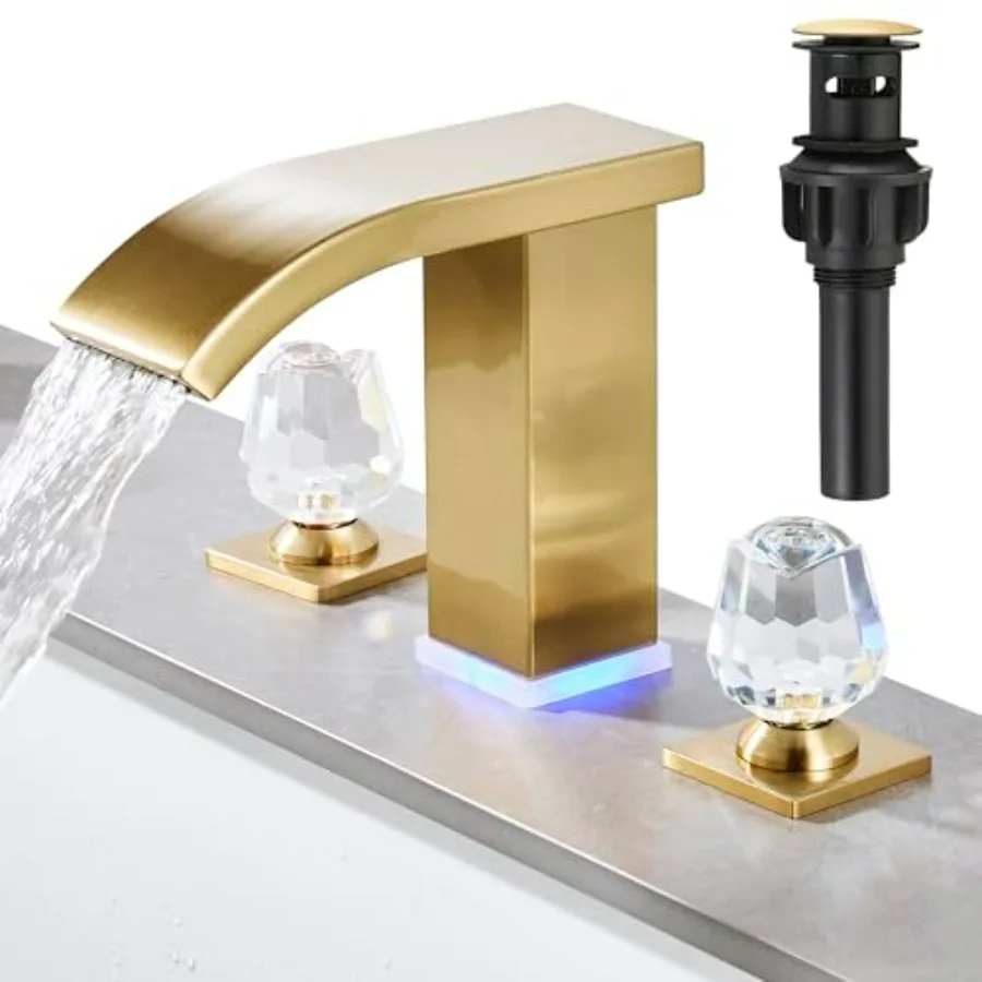 

Bathroom sink faucet brushed gold metal brushed gold color 3-hole widespread waterfall design with modern two-handle functional