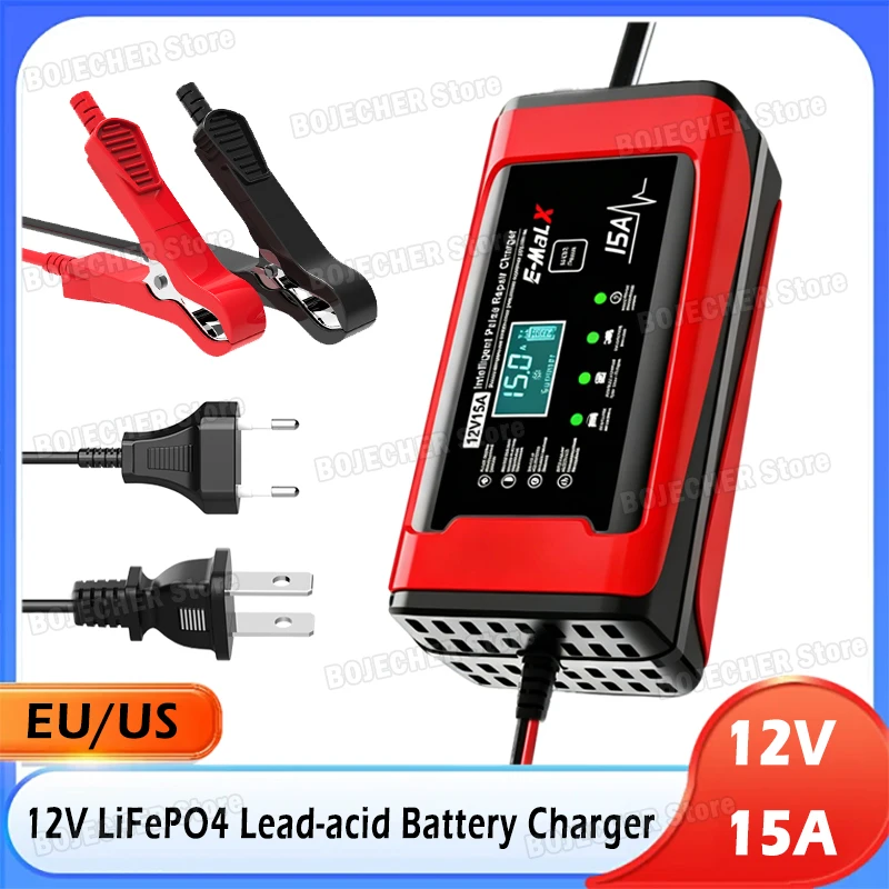 12V 15A Smart Pulse Repair Charger 14.6V Lifepo4 Battery Charger Digital Display Battery Charger For Lead Acid AGM GEL Battery
