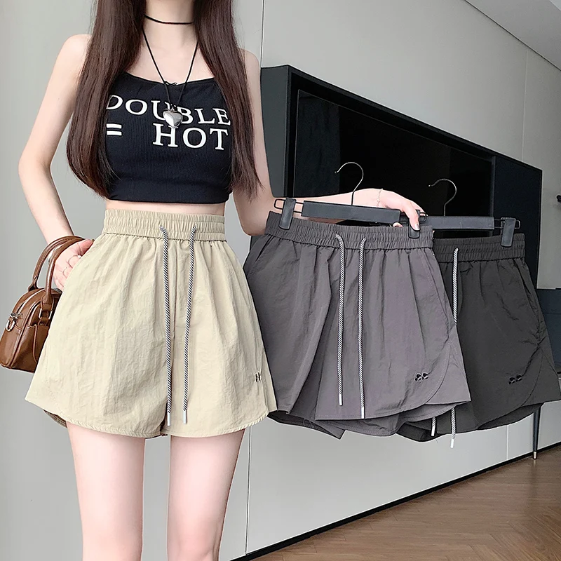 

TRAF Summer Wild High-waisted Cargo Quick-drying Shorts Women's Elastic Waist A-line Loose Cotton linen Casual Sports Shorts