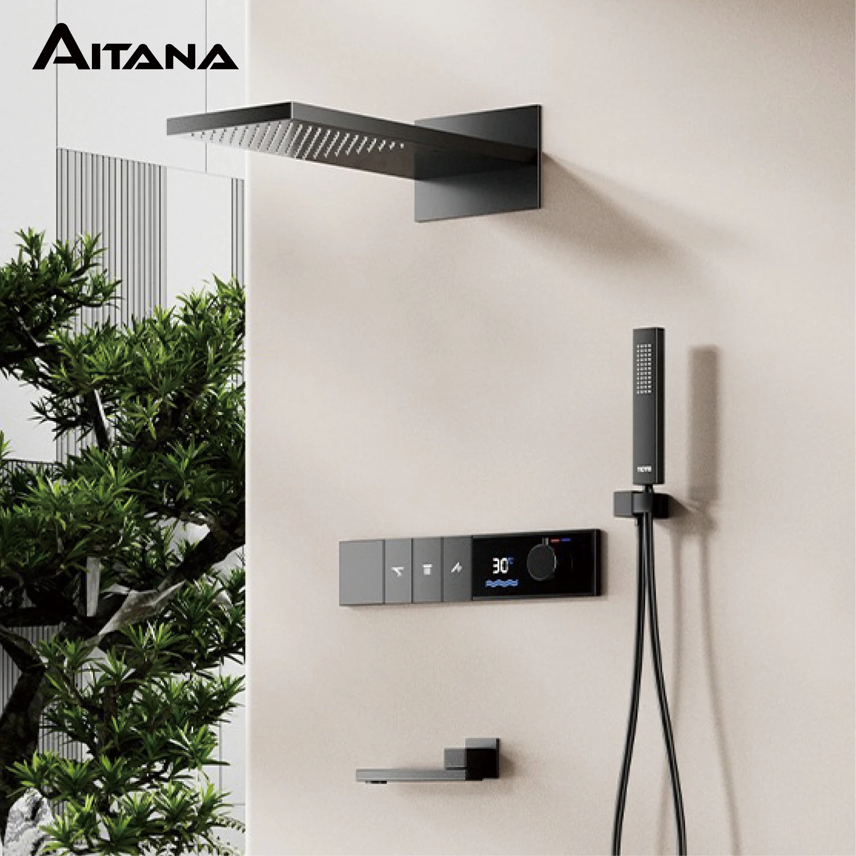 Luxury Gun Grey Brass Embedded LED Digital Display Shower System Wall-Mounted 2 Function Waterfall/Rainfall Bathroom Faucet