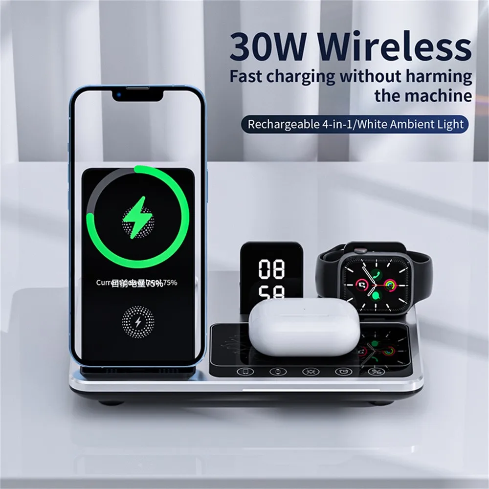 Alarm Clock Wireless Charger Stand 4 in 1 Touch Control Charging Station for Airpods Pro Apple Watch for iPhone 14 13 12 Pro Max