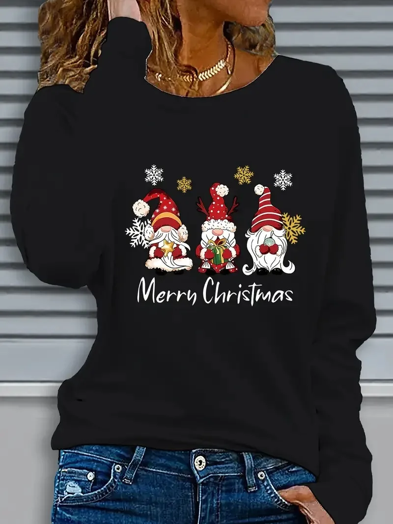 

Women's Christmas Dwarf Snowflake 3D Printed Long Sleeve T-shirt Fashion New Year Festival Party Round Neck Casual Women's Wear