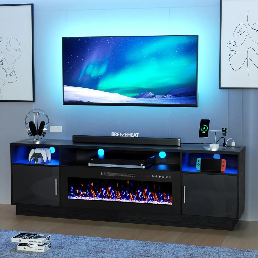 

Electric Fireplace TV Stand with 42 inch Fireplace Up to 90" TVs-Led Entertainment Center with Outlet, High Glossy Doors