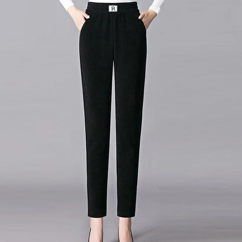 

Plus Size Casual Elegant Retro Basic Trousers OL Loose Pocket Slim Straight Leg Pant Elastic Waist Warm Fleecing Pants For Women