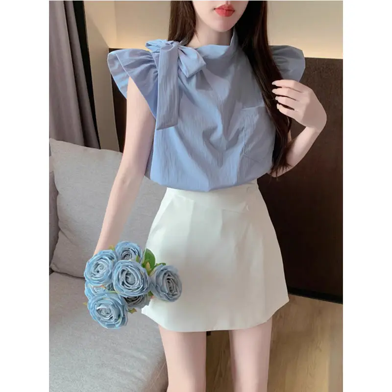 Summer Retro French Tie Bow Design Chiffon Shirts Solid Color Sweet Short Pleated Shirt Tops All-match Korean Women Clothing