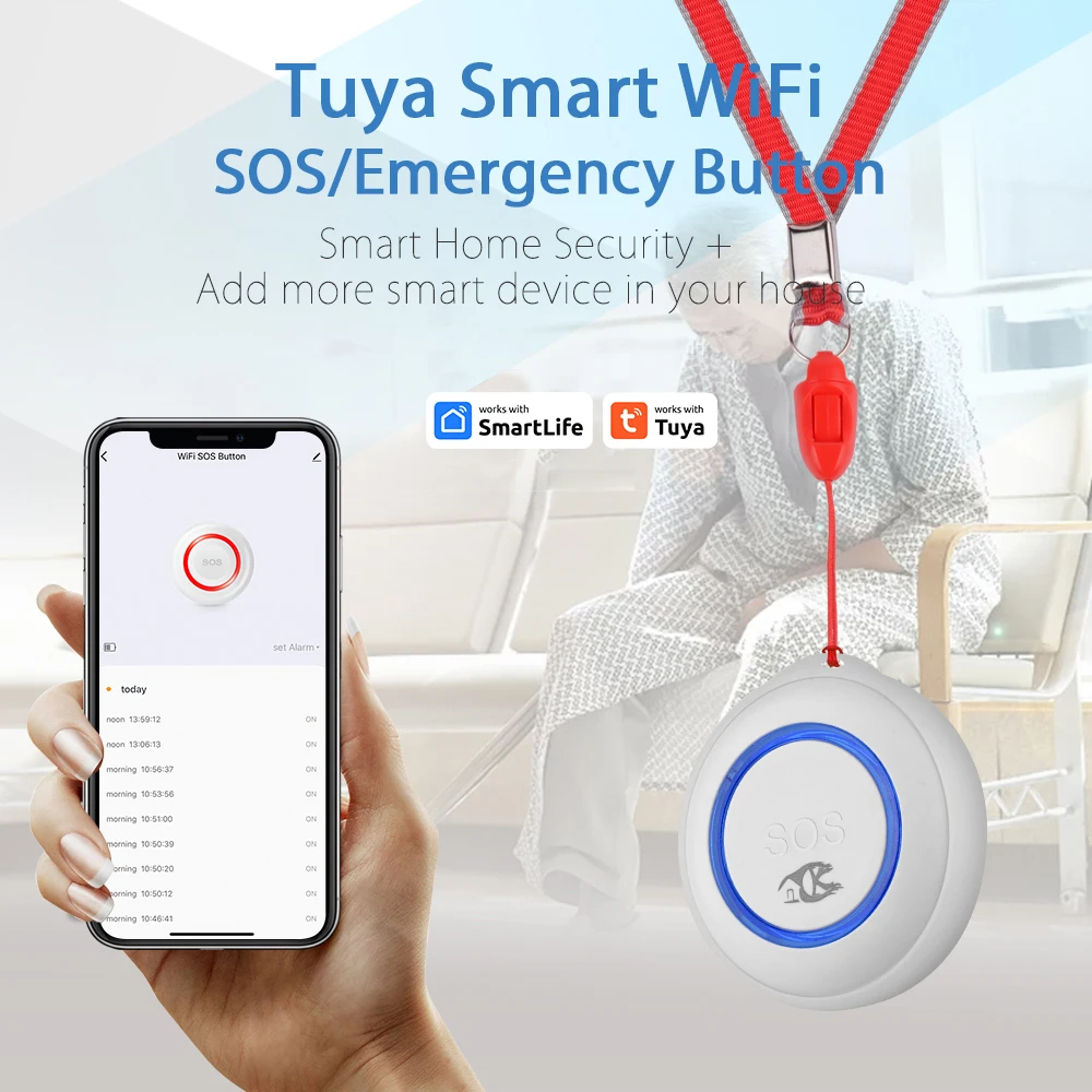 Tuya baterai tombol Alarm SOS WiFi, tombol panik darurat orang tua dapat diisi ulang, pelindung diri pribadi pria tua, aplikasi mendorong