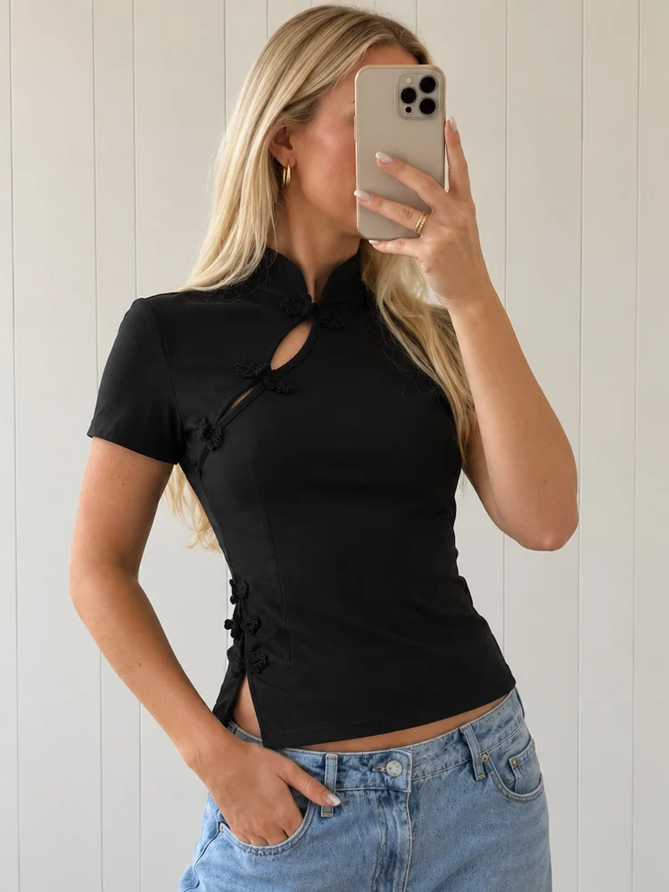 Women's Casual Daily Fashion New Chinese Style Retro Streetwear Tee  Contrast Frog Button Fitted Short Sleeve Blouse 2026
