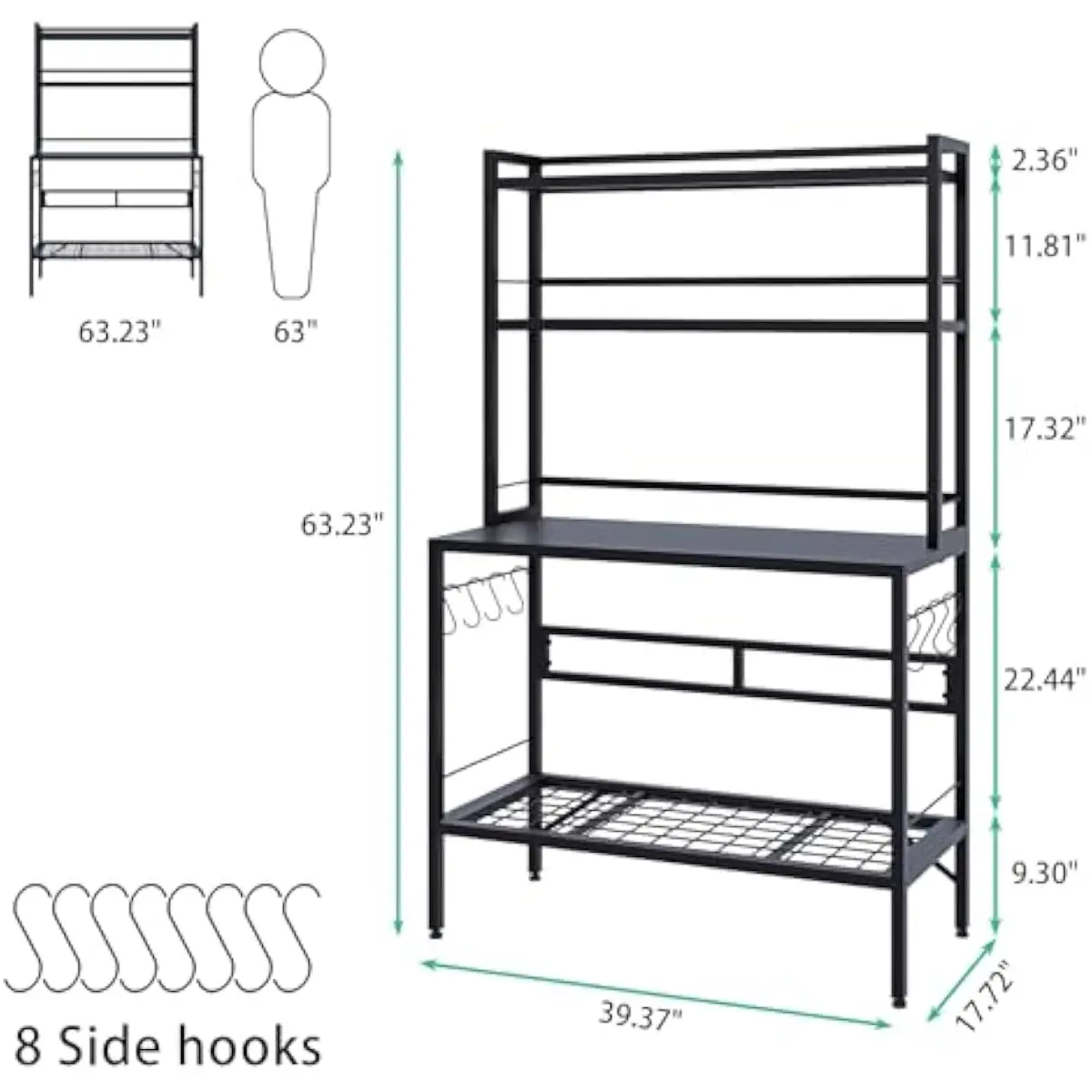 63 Inch Tall Metal Potting Bench with 4 Tier Plant Stand Shelves and 8 Hooks, Heavy Duty Outdoor Garden Workstation for Patio Backyard Balcony