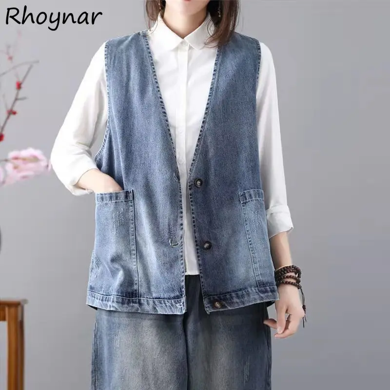 Denim Vests Women женская All-match Simple Basic V-neck Pockets Blue Spring Korean Fashion Cozy Hot Sale Ins Casual Ulzzang New