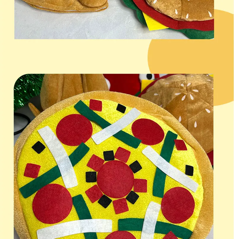 Niedliches, neuartiges Food-Hut-Set, 4-teilig – Hamburger, Pommes Frites, Pizza und Drumstick für Partys, Freizeitkleidung und Geschenke – Detail 14