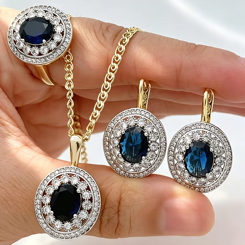Kinel Hot Oval Blue Natural Zircon Ring Earrings Necklace Plated Real 14K Gold Silver Color Mix Daily Women Vintage Jewelry Stes