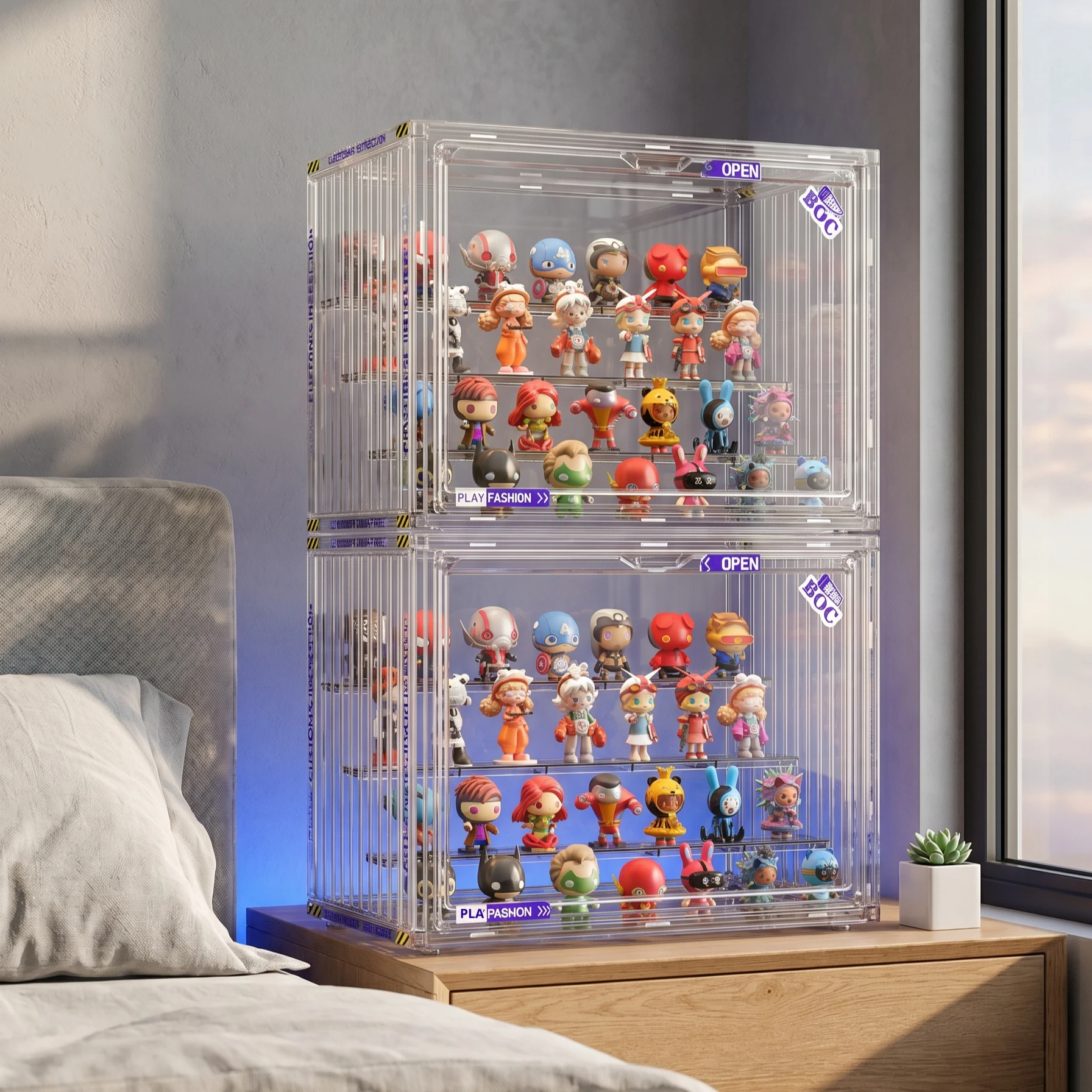 Large Acrylic Figure Display Case with RGB LED Light & Remote Control, Magnetic Clear Storage Box for Blind Box, Lego, Pop Mart,