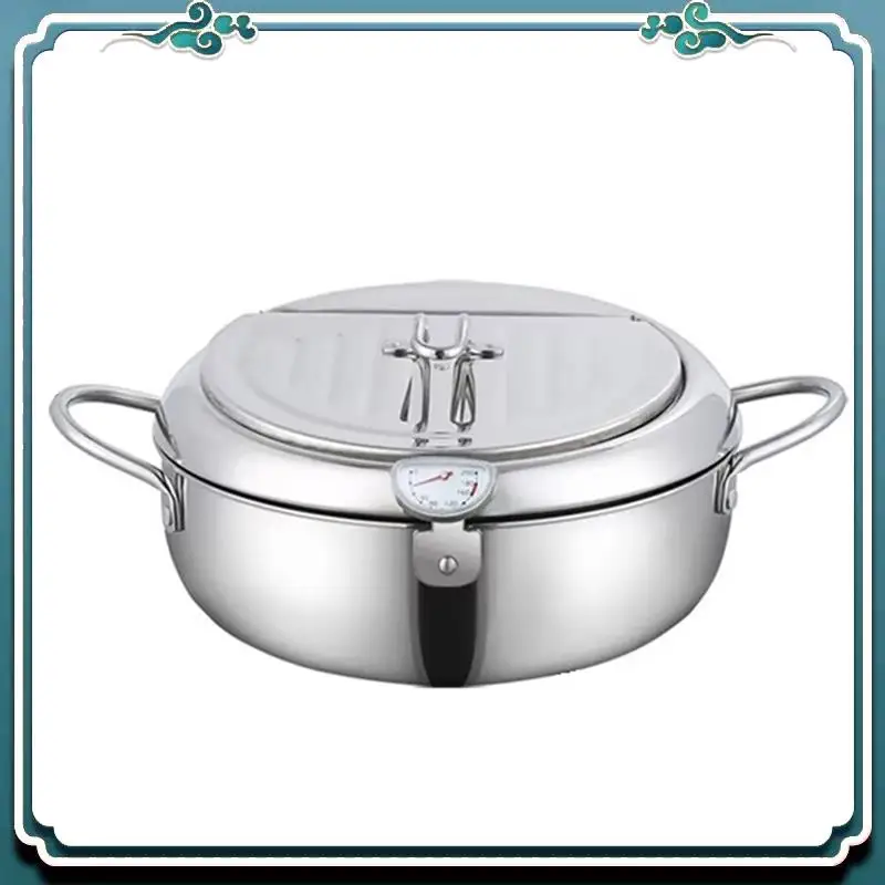 

A67K-304 Stainless Steel Kitchen Tempura Fryer Pan Japanese Deep Frying Pot With A Thermometer And A Lid