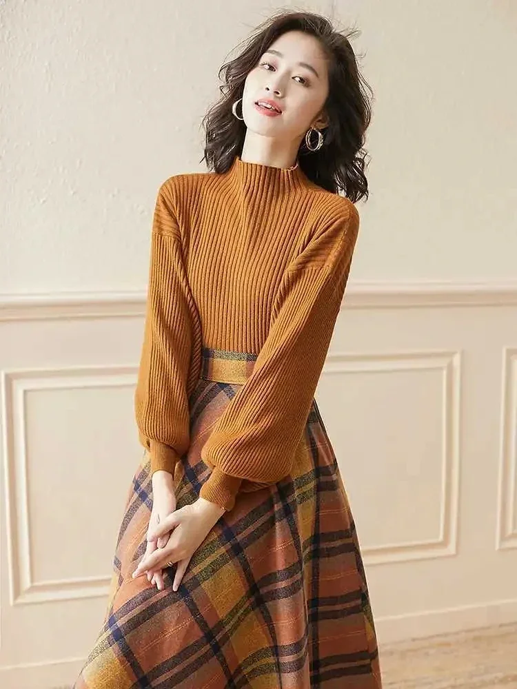 Korean Autumn Retro Sweater Suits Women Elegant Lantern Sleeve Knitted Sweater Pullover and Plaid A-line Skirt Two Pieces Sets