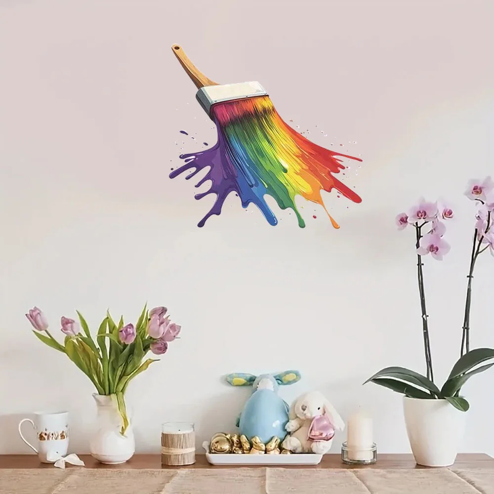 Creative Rainbow Paint Wall Decal, Vibrant Paintbrush with Rainbow Splatter Removable Sticker for Art Decor