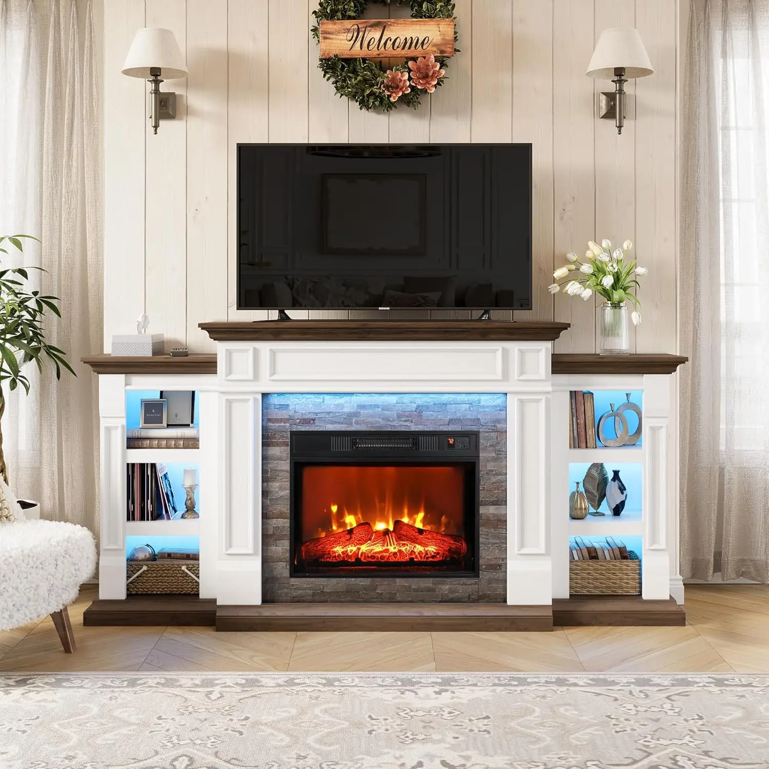 

70" Electric Fireplace with Mantel, LED Fireplace TV Stand for TVs Up to 80 Inch, Modern Entertainment Center with Storage,