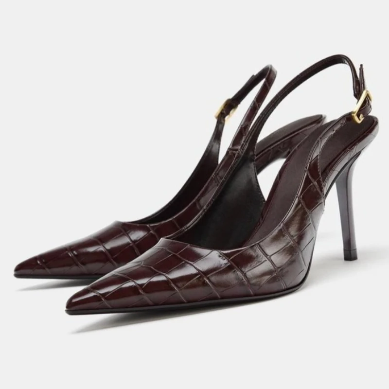 

Новинка: Туфли-лодочки с тиснением для женщин, бордовые, с острым носком, ремешком сзади и пряжкой, дизайнерские, роскошные, на шпильке, слингбэки для вечеринок