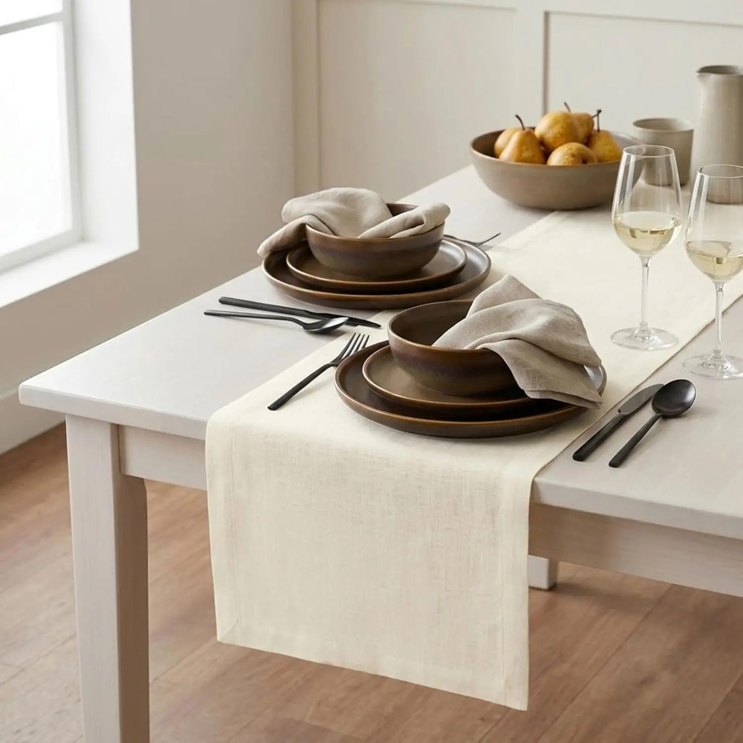 

14x120 Inch Pure Linen Table Runner, Ivory - 100% European Flax, Machine Washable