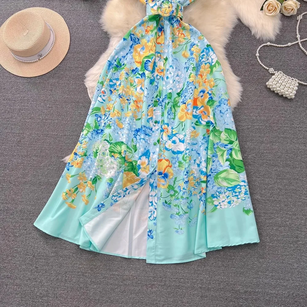 2024 New Summer Women Print Palce StyleTurn Down Collar Flying Sleeve Belt Single Breasted Boho Beach Holiday Dresses