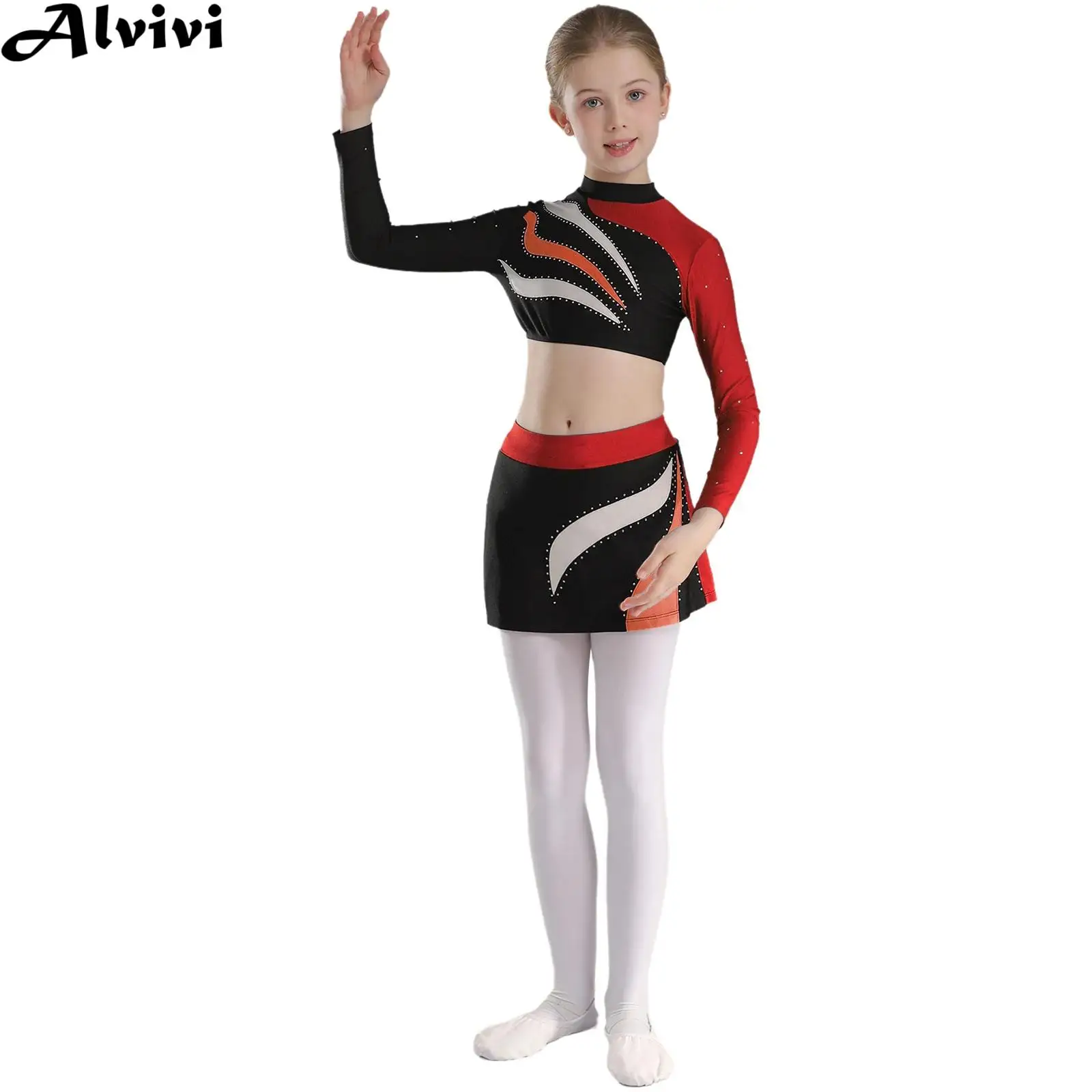 Kids Girls Cheerleading Jazz Dance Performance Costume Long Sleeve Rhinestones Crop Top with Skirt for Gymnastics Figure Skating