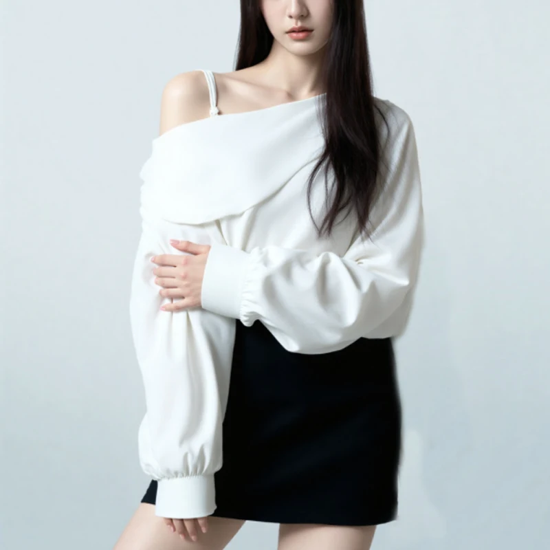 

2025 Spring/autumn Women's Long Lantern Sleeve Shirt Sweet Skew Collar White Tops Sexy Off Shoulder Blouse Loose Clothes 8353
