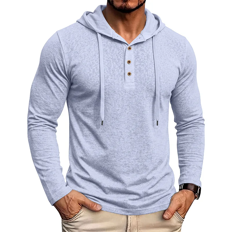 Men's Henley Hooded Long Sleeve T Shirt Casual Half Button Drawstring Hoodie Solid Color Lightweight Daily Tops