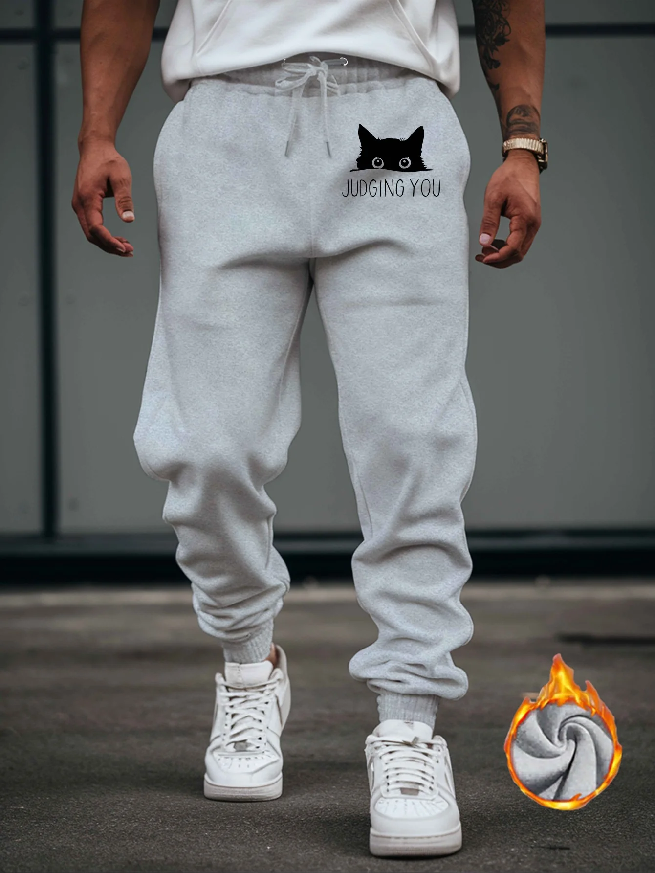 Playful‑street sneaky cat humorous letter artwork print graphic relaxed loose sweatpants men hip hop sports casual jogger pants