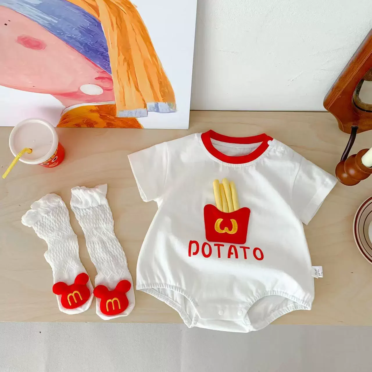 Baby Onesie Infant Clothes Girls Boys One Piece with Sock 3D French Fries Cute Jumpsuit 100% Cotton Newborn Baby Cosplay Clothes