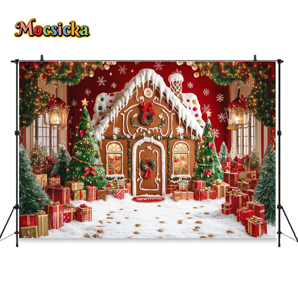 Snowy Gingerbread House Photography Background Glitter Xmas Tree Lantern Gift Backdrop Booth Kid Winter Birthday Portrait Studio