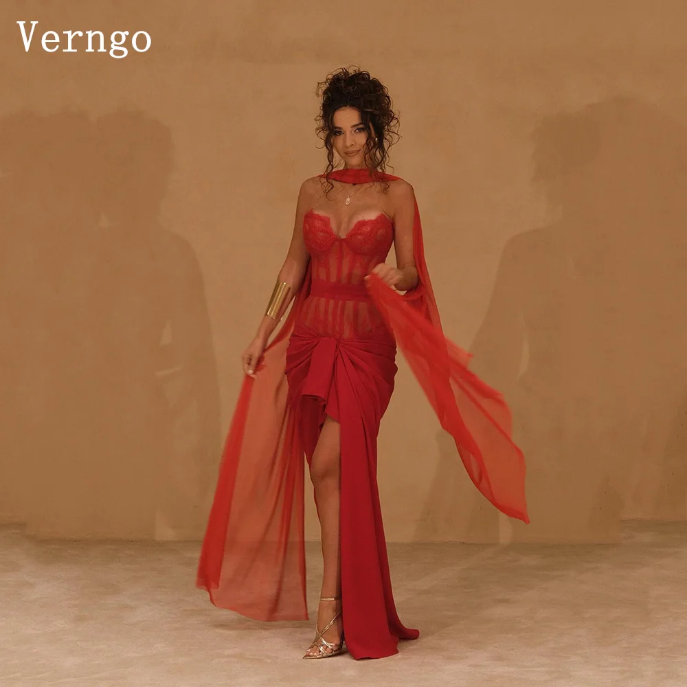 

Verngo Red Chiffon Evening Dress Sweetheart Mermaid Pleat Sexy Formal Occasion Dresses Sexy Maxi Prom Gowns Customized