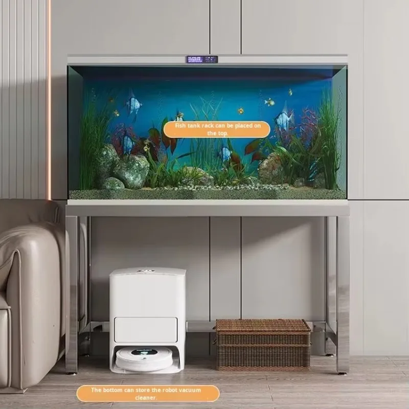 aquarium accessories Modern Stainless Steel Aquarium Stand with Double-Layer Floor Shelf and Storage Rack for Robotic Vacuum Cle