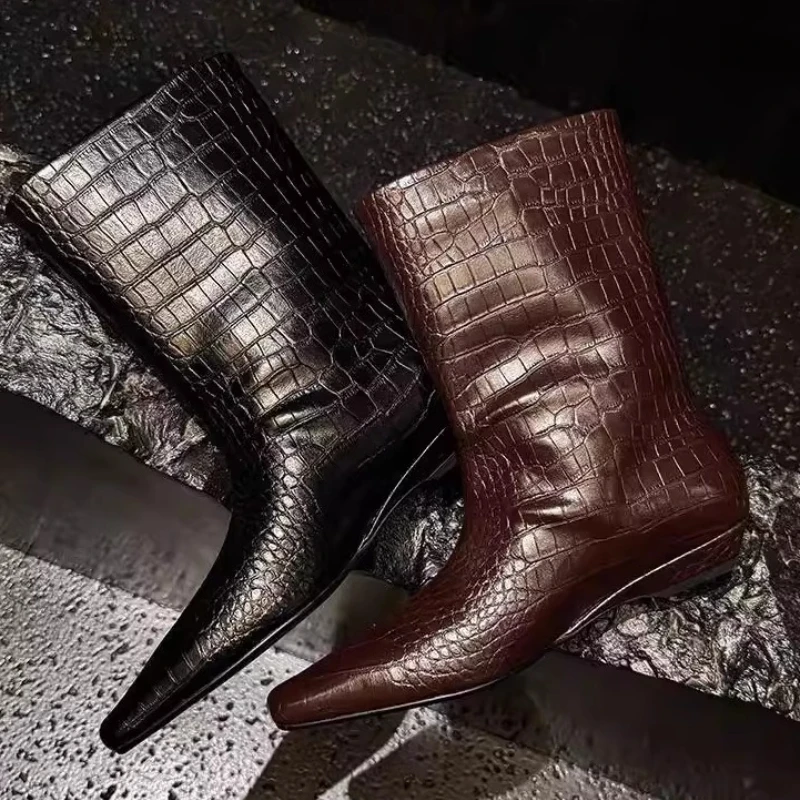 

Original Designer Brand Cowhide Autumn Winter Square-toed Crocodile Loose Sleeve Boots Wedge Heels Fashion Ankle Boots for Women