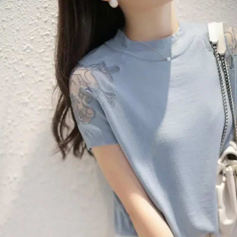 Fashion Embroidery Spliced Lace Gauze Blouse Women Clothing 2024 Spring New Casual Pullovers Tops Loose Commute Shirt N270