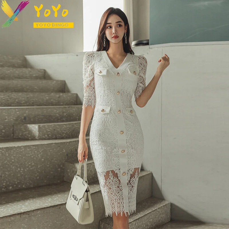 2024 Spring White Hollow Lace Flower V-neck Dress Short Sleeve Korean Fashion Elegant Slim Bodycon Party Dress