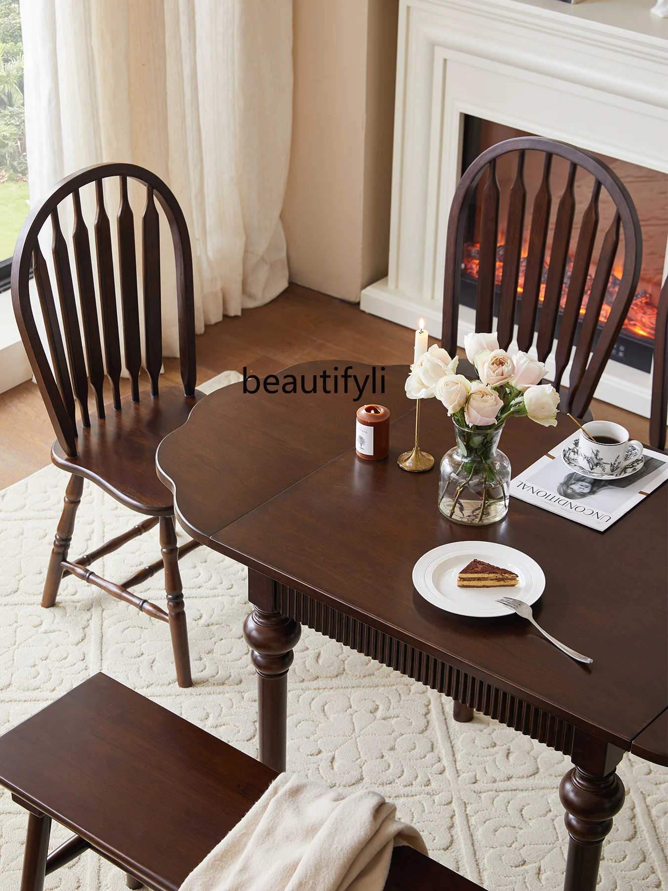 

American-Style Solid Wood Oval Folding Dining Tables and Chairs Set French Retro Living Room Household Dining Table