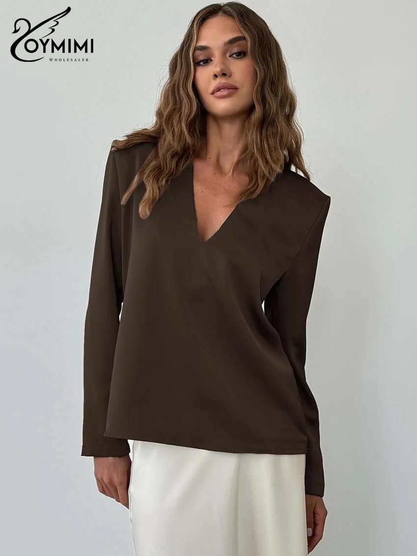 Oymimi أنيقة الكاكي الخامس الرقبة قميص نسائي موضة بسيطة طويلة الأكمام قمصان الخريف عادية الصلبة الساتان قمصان الإناث الشارع الشهير #4