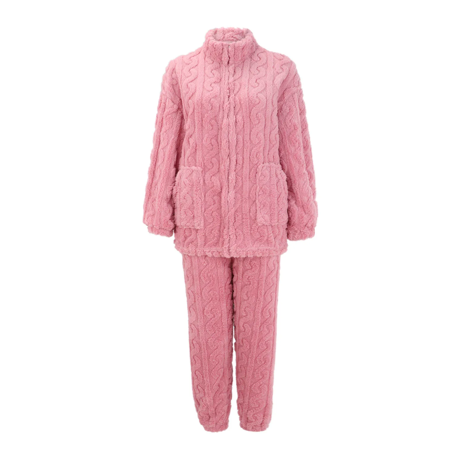 Jacquard Weave Velvet Pajamas Set 2 Piece Zip-Up Coat Top & Long Elastic Pant Winter Warm Cotton Loungewear Outfis Soft Homewear