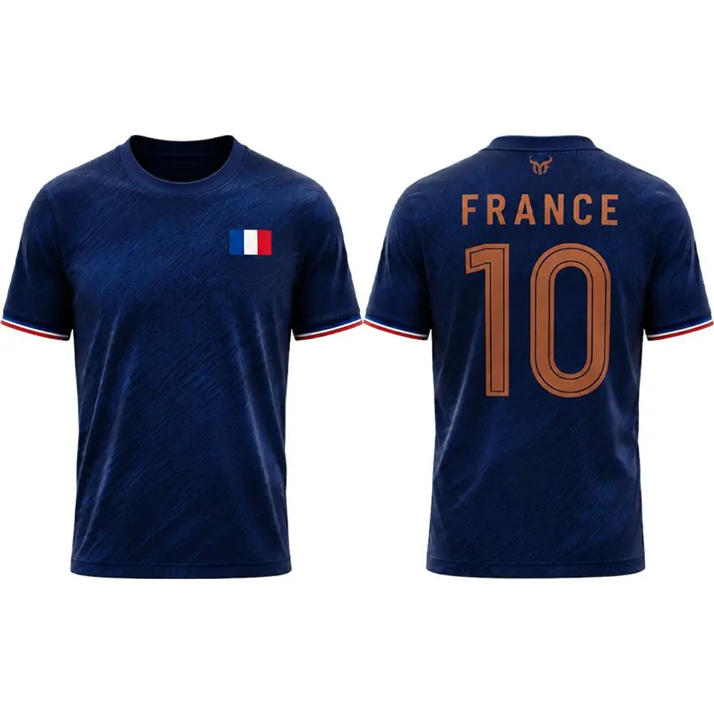 Frankreich-Flagge Bedrucktes Fußball-T-Shirt 2026 Neues Atmungsaktives Schnelltrocknendes Kurzarm-Oberteil für Outdoor-Sport Unisex Freizeit-T-Shirts – Detail 5