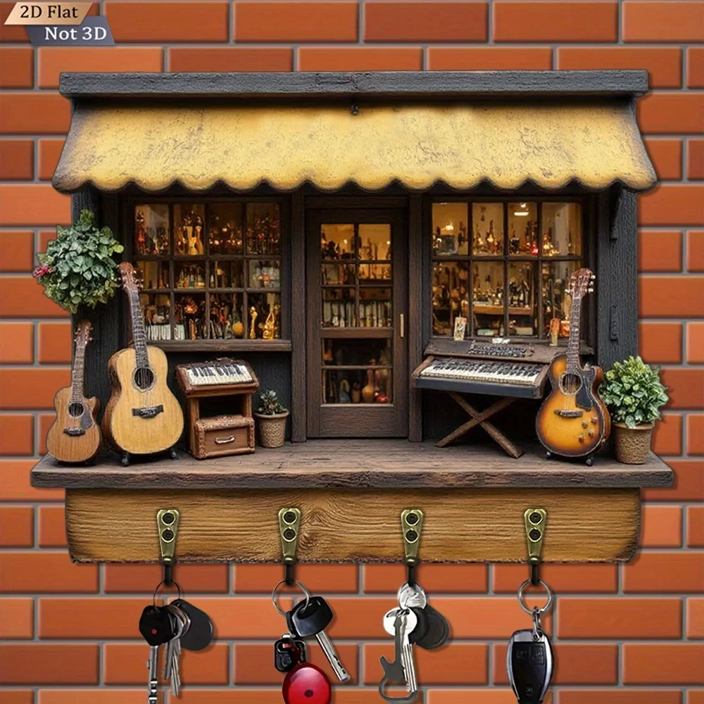 2D Flat Retro Wooden Key Hanger. Multifunctional Wooden Home Key Hanger with Four Metal Hooks, Suitable for Wall