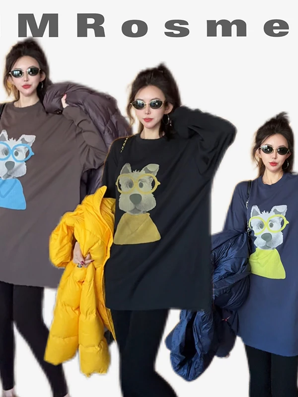 

Winter New Faion Korean round Ne Long Sve Cartoon Pattern Women's Loose Casual Mid-Length Top Slimming Effect T-irt